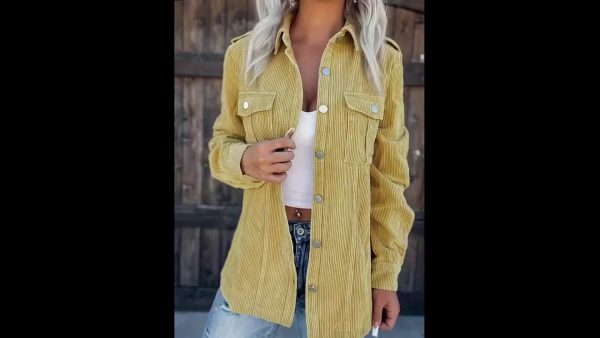 [Elegant Corduroy Jacket] Polyester Elegant Mustard Yellow Corduroy Jacket for Women | Chic Long Sleeve Button-Up with Pockets, Machine Washable, Ideal for Casual Outings, Allseason Apparel - Image 4