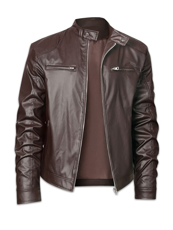 Men's Solid Color PU Faux-leather Stand Collar - Image 3