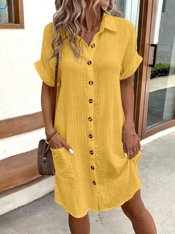 Women'S Summer Mini Dress Short Sleeve Lapel Collar Button Pocket Dress Fashion Shirt Dress - Image 2