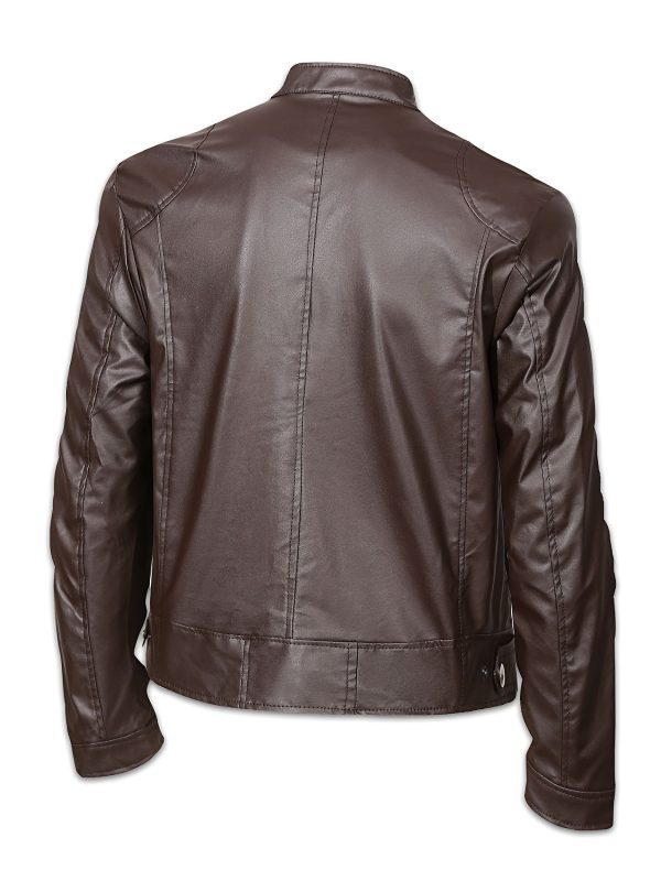 Men's Solid Color PU Faux-leather Stand Collar - Image 6