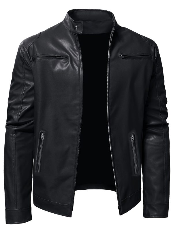 Men's Classic Stand Collar PU Faux-PU Leather - Image 2