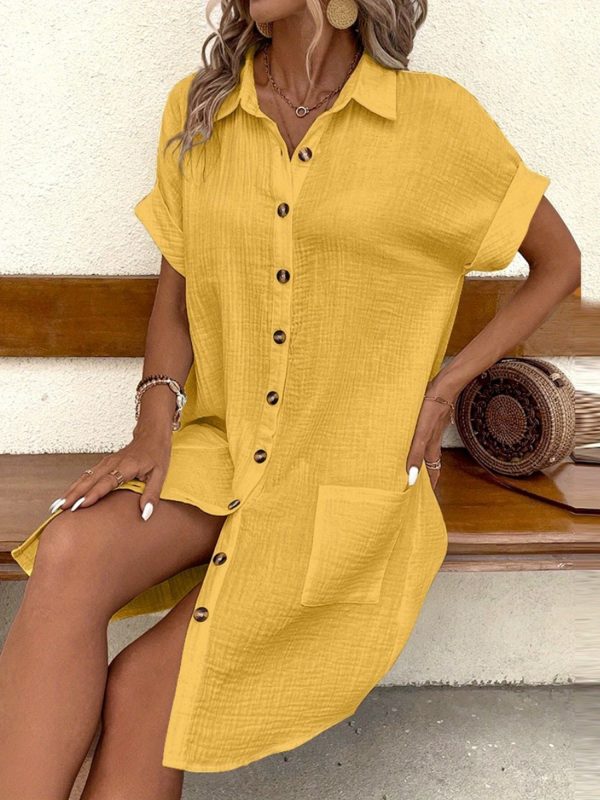 Women'S Summer Mini Dress Short Sleeve Lapel Collar Button Pocket Dress Fashion Shirt Dress - Image 6
