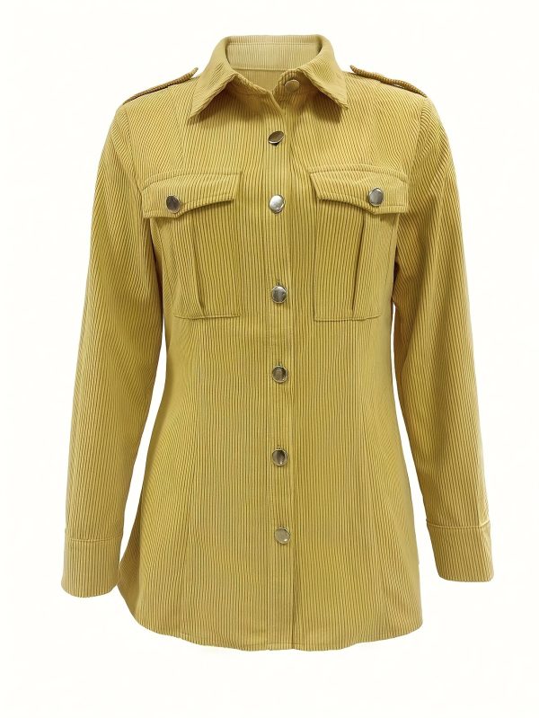 [Elegant Corduroy Jacket] Polyester Elegant Mustard Yellow Corduroy Jacket for Women | Chic Long Sleeve Button-Up with Pockets, Machine Washable, Ideal for Casual Outings, Allseason Apparel - Image 3