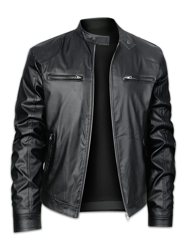Men's Solid Color PU Faux-leather Stand Collar - Image 4