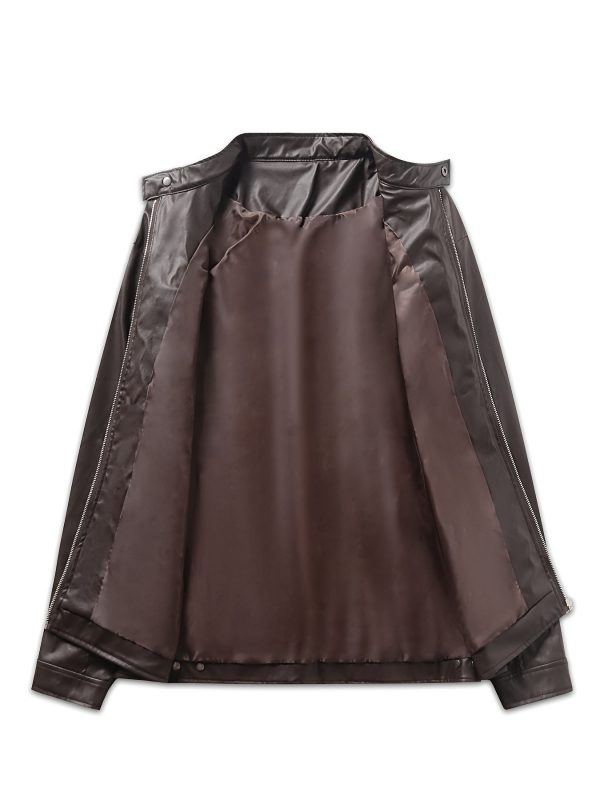 Men's Solid Color PU Faux-leather Stand Collar - Image 10