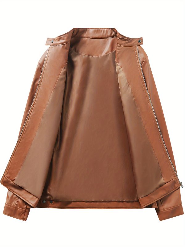 Men's Solid Color PU Faux-leather Stand Collar - Image 9