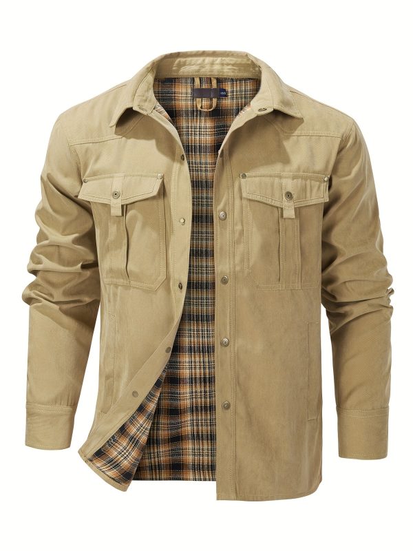 Men'S Fashion Casual Solid Color Plaid Cargo Jacket - Image 4