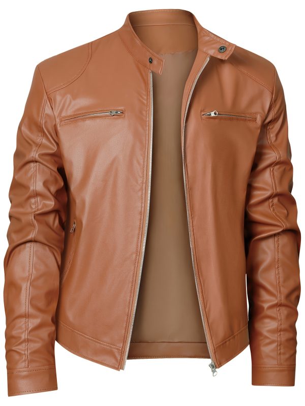 Men's Solid Color PU Faux-leather Stand Collar - Image 2