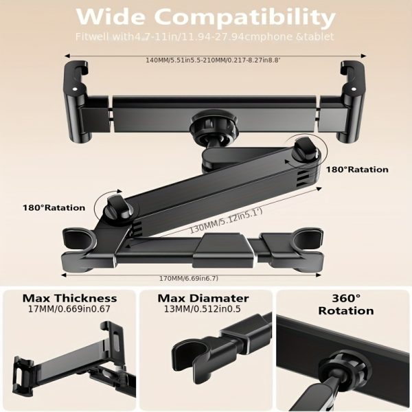 3-in-1 Car Headrest Tablet Stand with 360° Rotation & Adjustable Extended Arm - Image 2