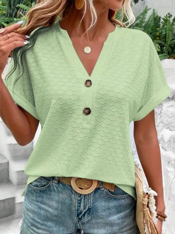 Women's V-Neck Button Top Stretch Casual T-Shirt for Spring Summer Daily Wear - Image 9