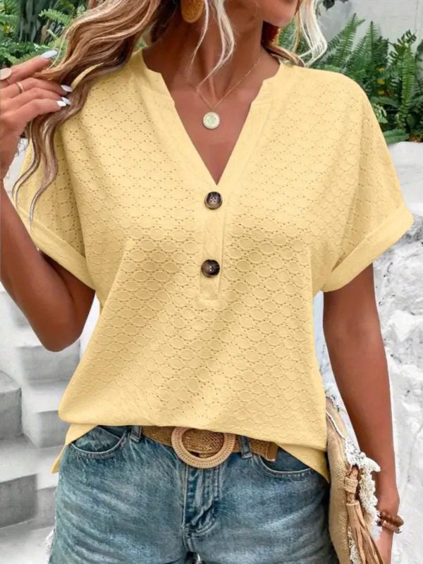 Women's V-Neck Button Top Stretch Casual T-Shirt for Spring Summer Daily Wear - Image 6