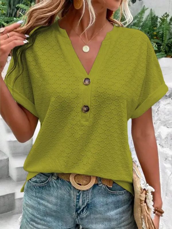 Women's V-Neck Button Top Stretch Casual T-Shirt for Spring Summer Daily Wear - Image 3