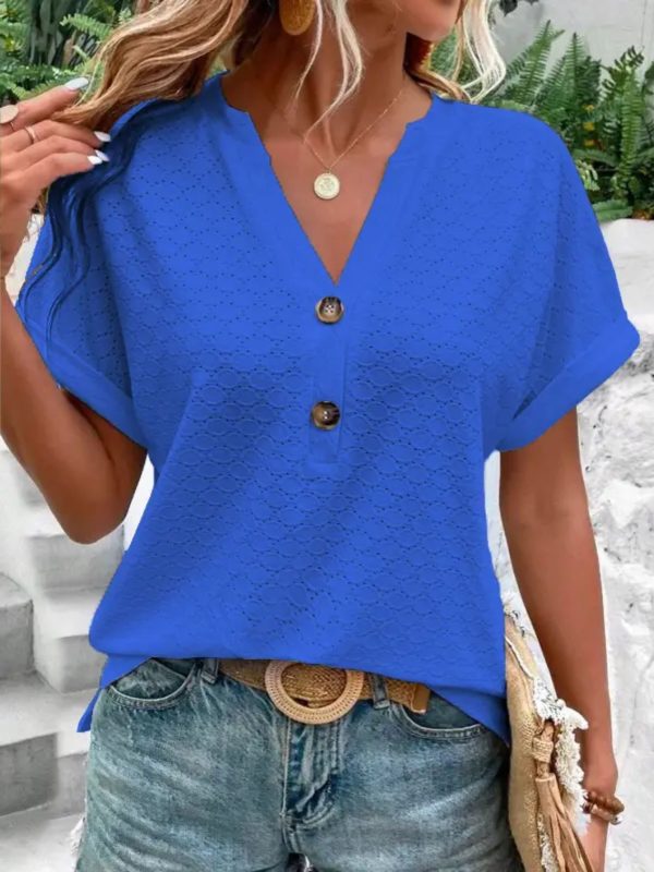 Women's V-Neck Button Top Stretch Casual T-Shirt for Spring Summer Daily Wear - Image 7